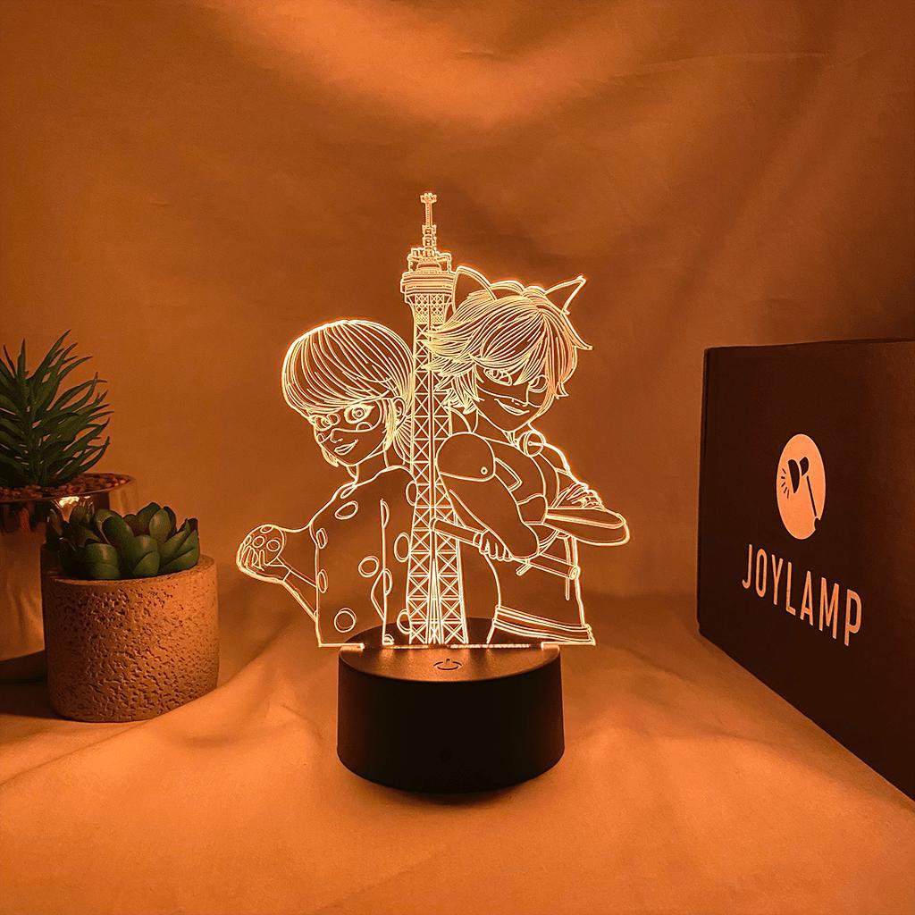 joylamp miraculous ladybug et chat noir tour effeil lampe 2d 3d led