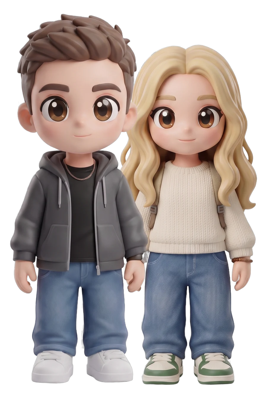 Chibi figurines of a couple side by side, on two separate bases