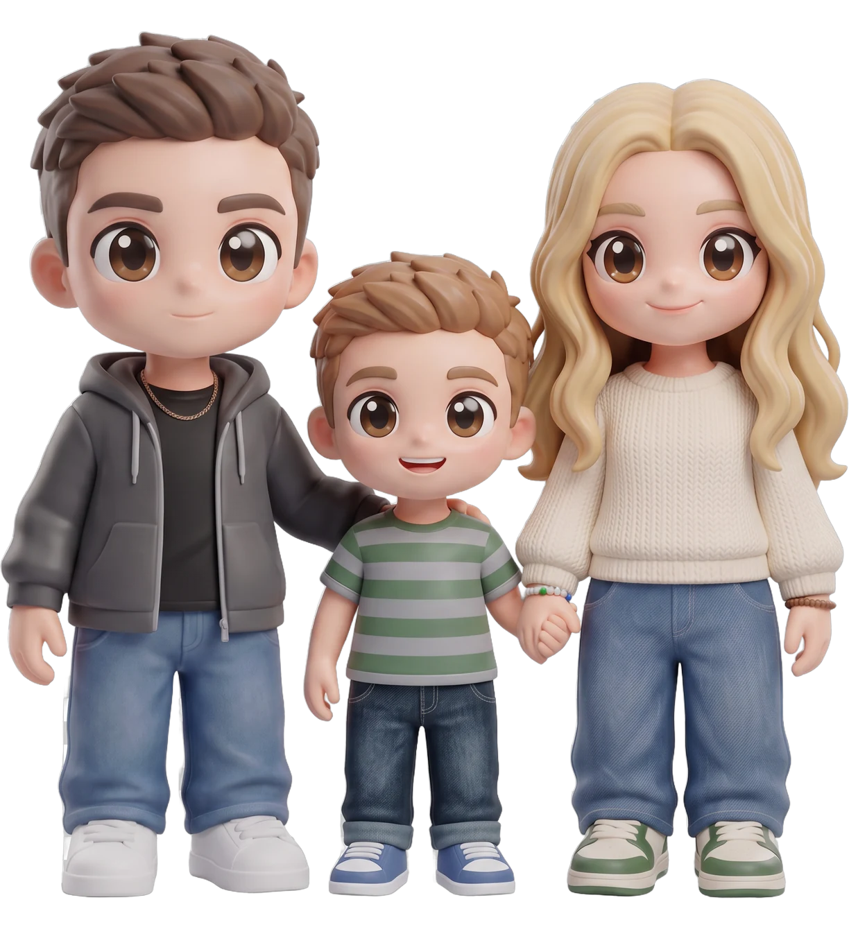 Chibi figurine of a family of three on one shared base