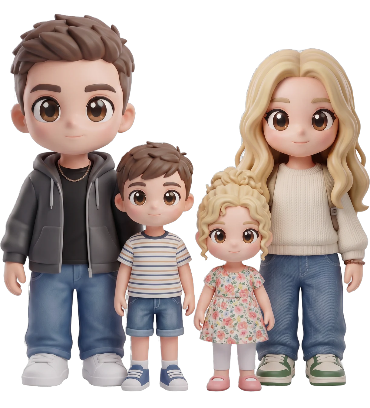 Chibi figurine of a family of four, two parents and two children, on one shared base