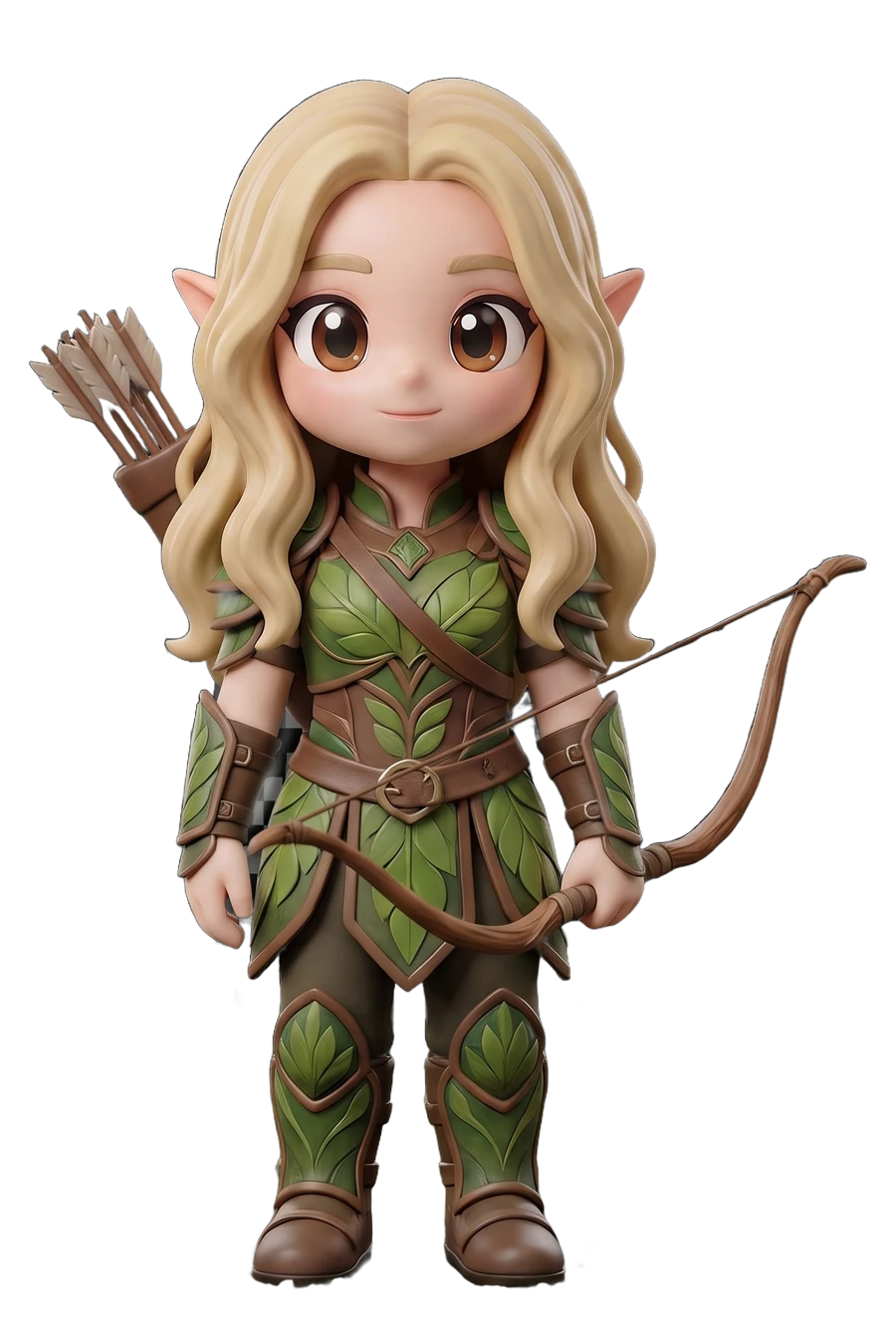 Chibi figurine of an elf archer in leaf armour, bow in hand and a quiver on her back