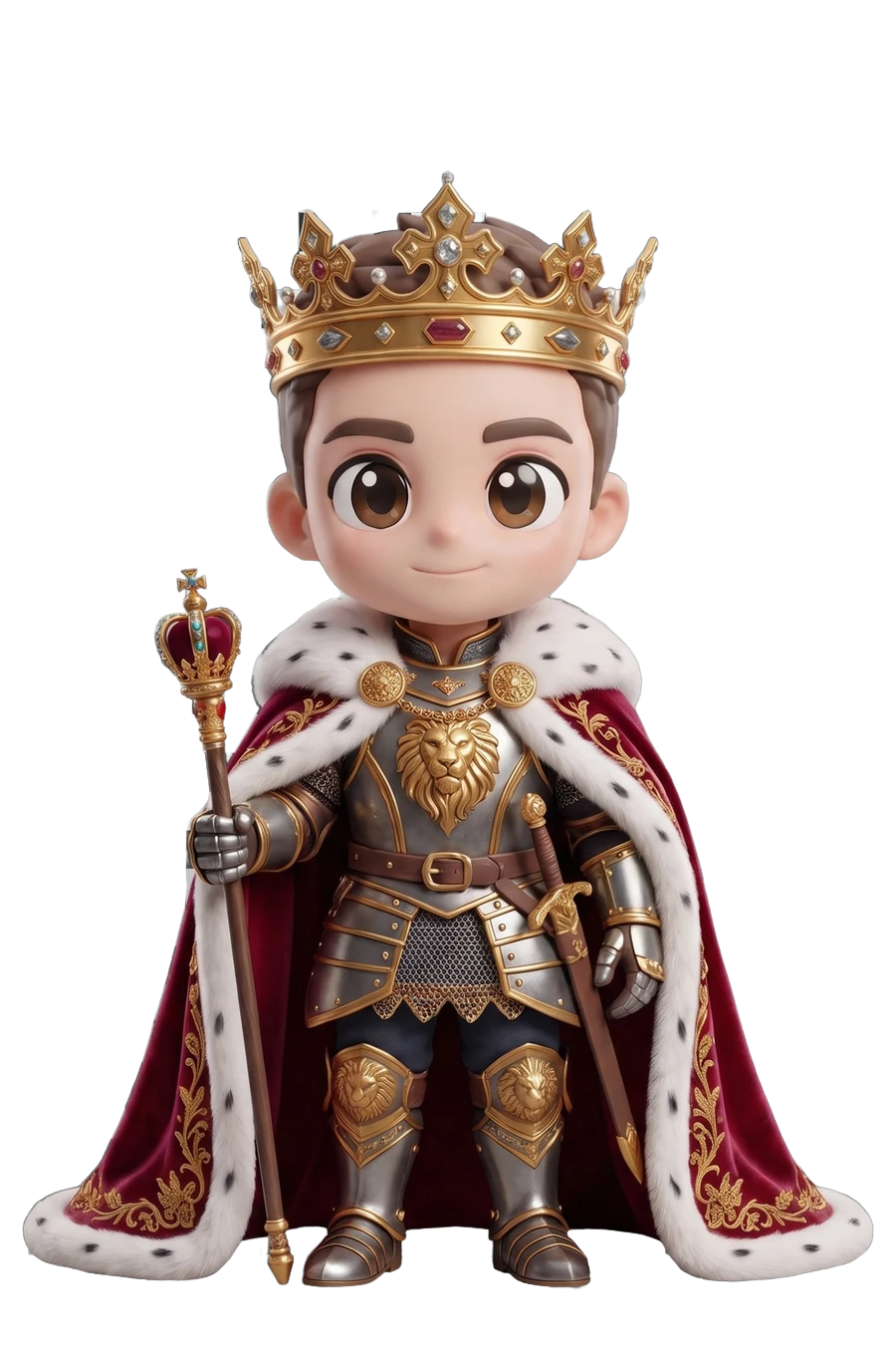 Chibi figurine of a king in a jewelled crown and ermine cape, sceptre in hand