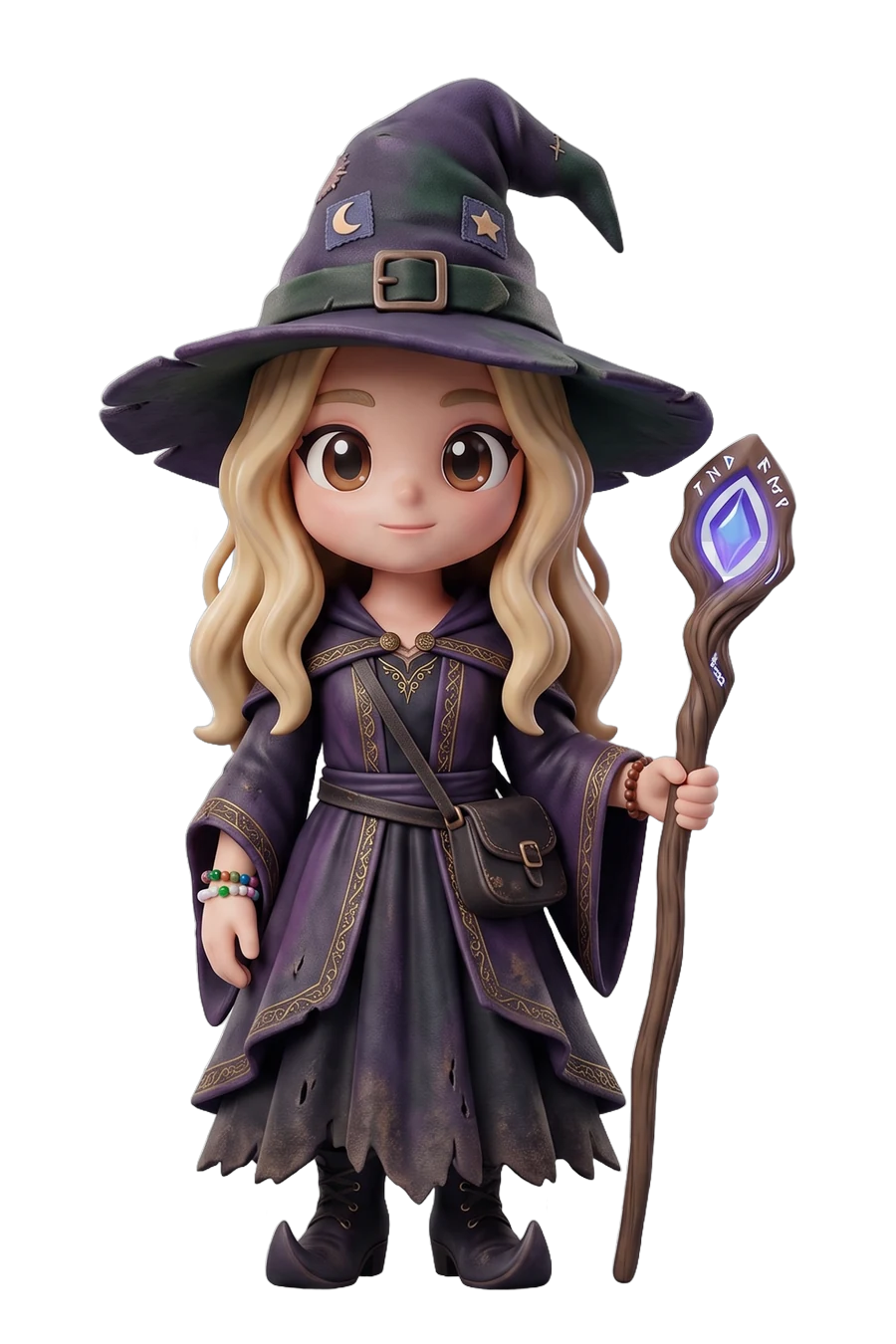 Chibi figurine of a witch in a purple hat and cloak, rune staff in hand