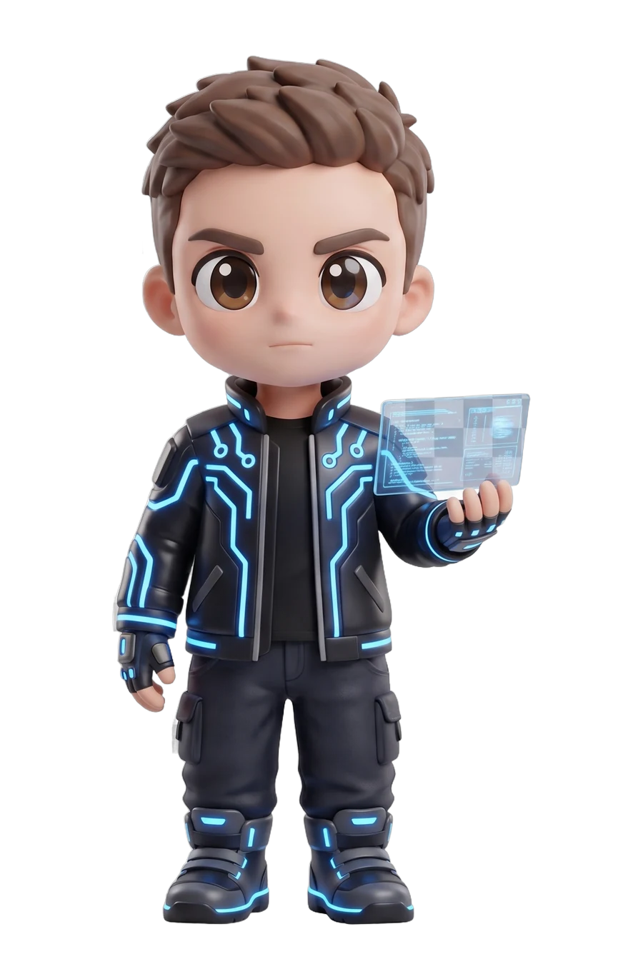Chibi figurine of a gamer in a neon-lined jacket, holographic card in hand