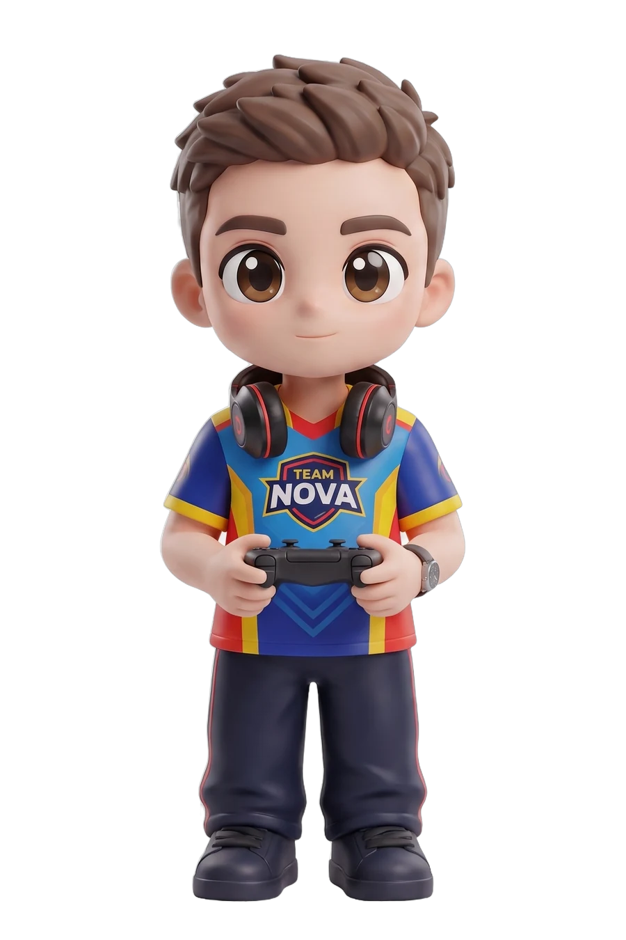 Chibi figurine of an esports player in a team jersey and headset, pad in hand