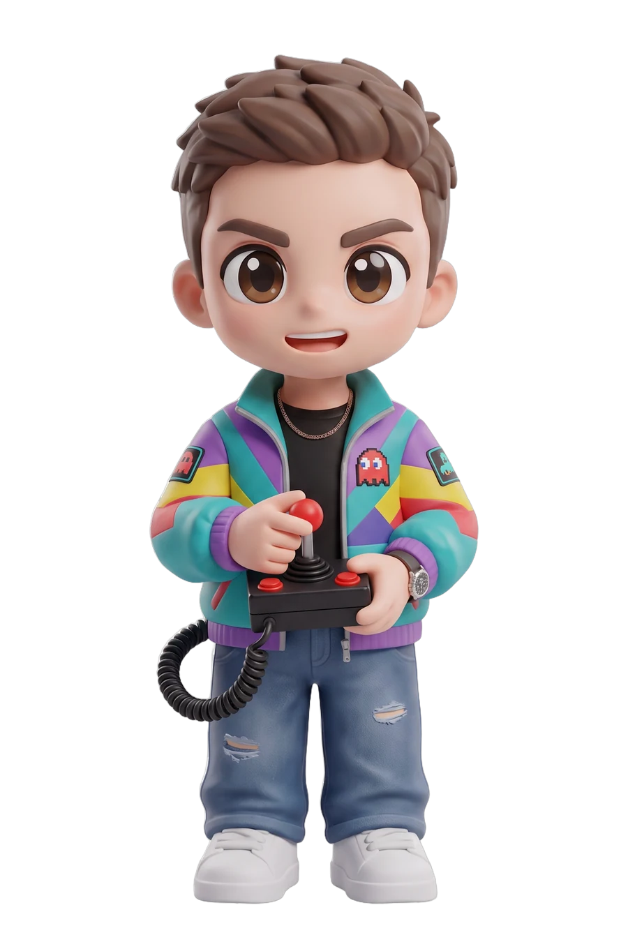 Chibi figurine of a gamer in a colour-block jacket, retro joystick in hand