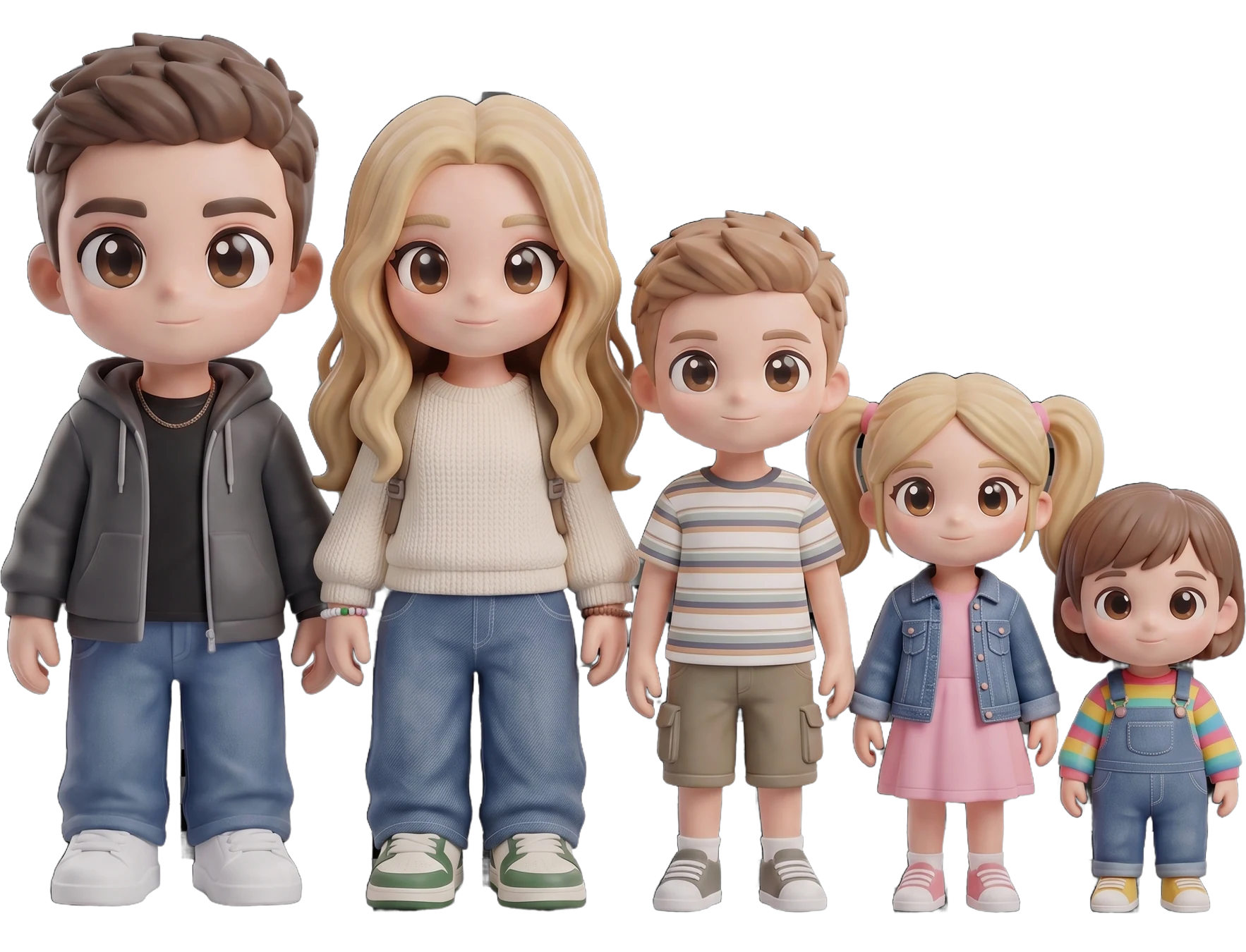 Chibi figurine of a family of five, two parents and three children, on one shared base