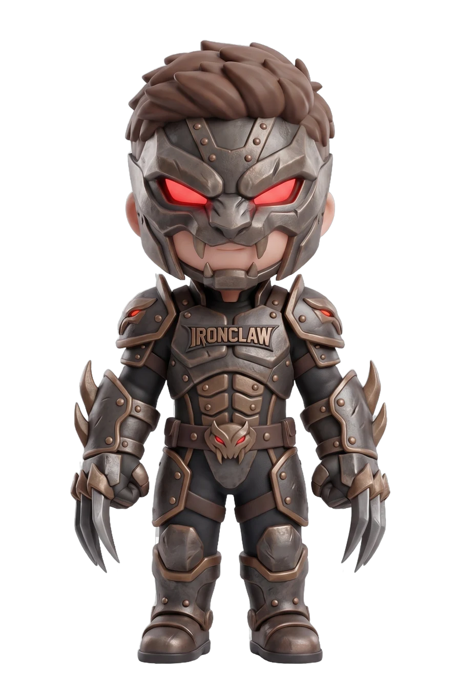 Chibi figurine of an armoured hero in dark steel plate with glowing red eyes