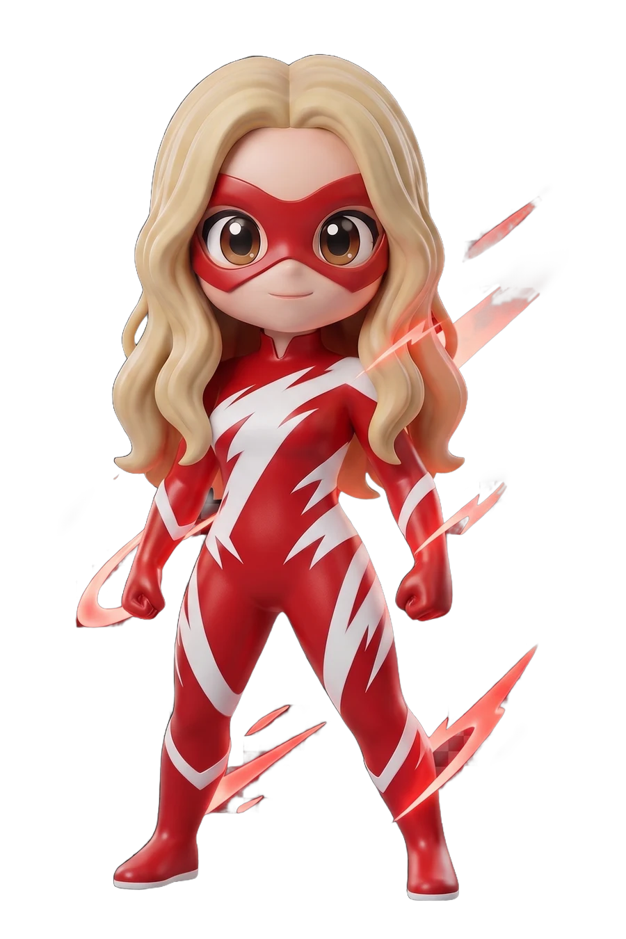Chibi figurine of a masked heroine in a red speed suit