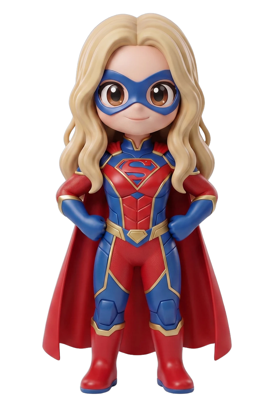 Chibi figurine of a woman superhero in a blue and red suit, cape and mask