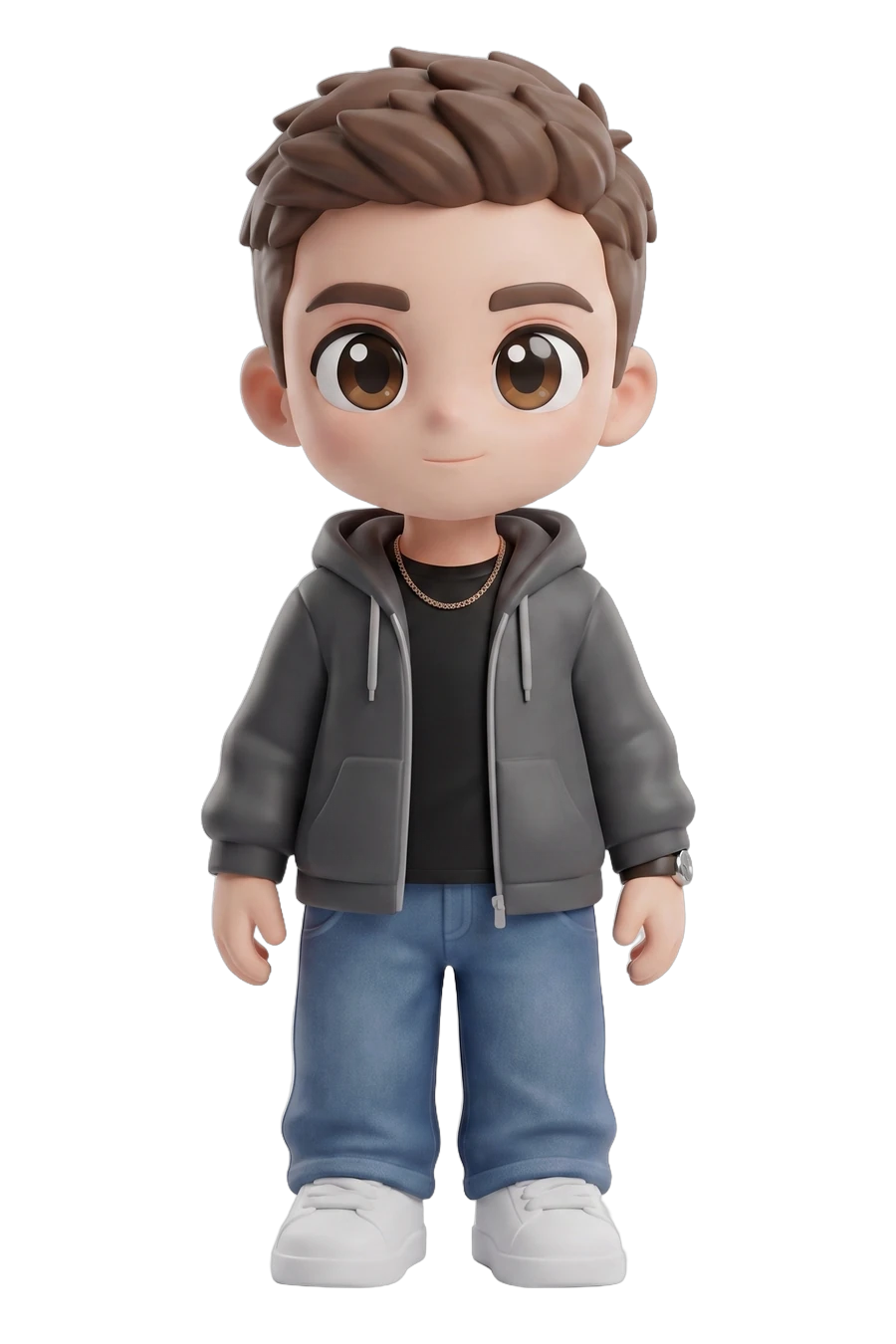 Chibi figurine of a man in a grey hooded jacket and jeans