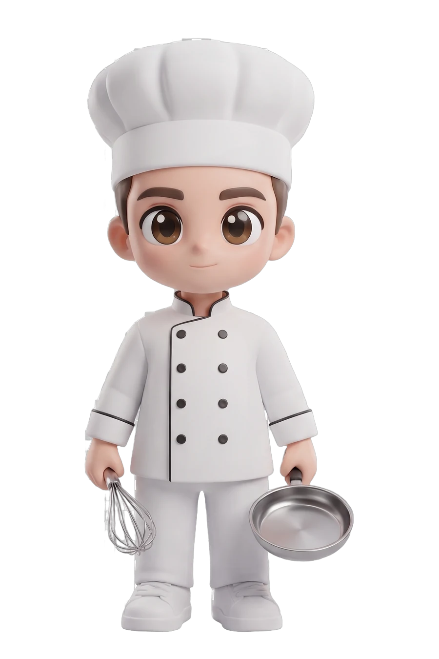 Chibi figurine of a chef in whites and a tall hat, whisk and pan in hand
