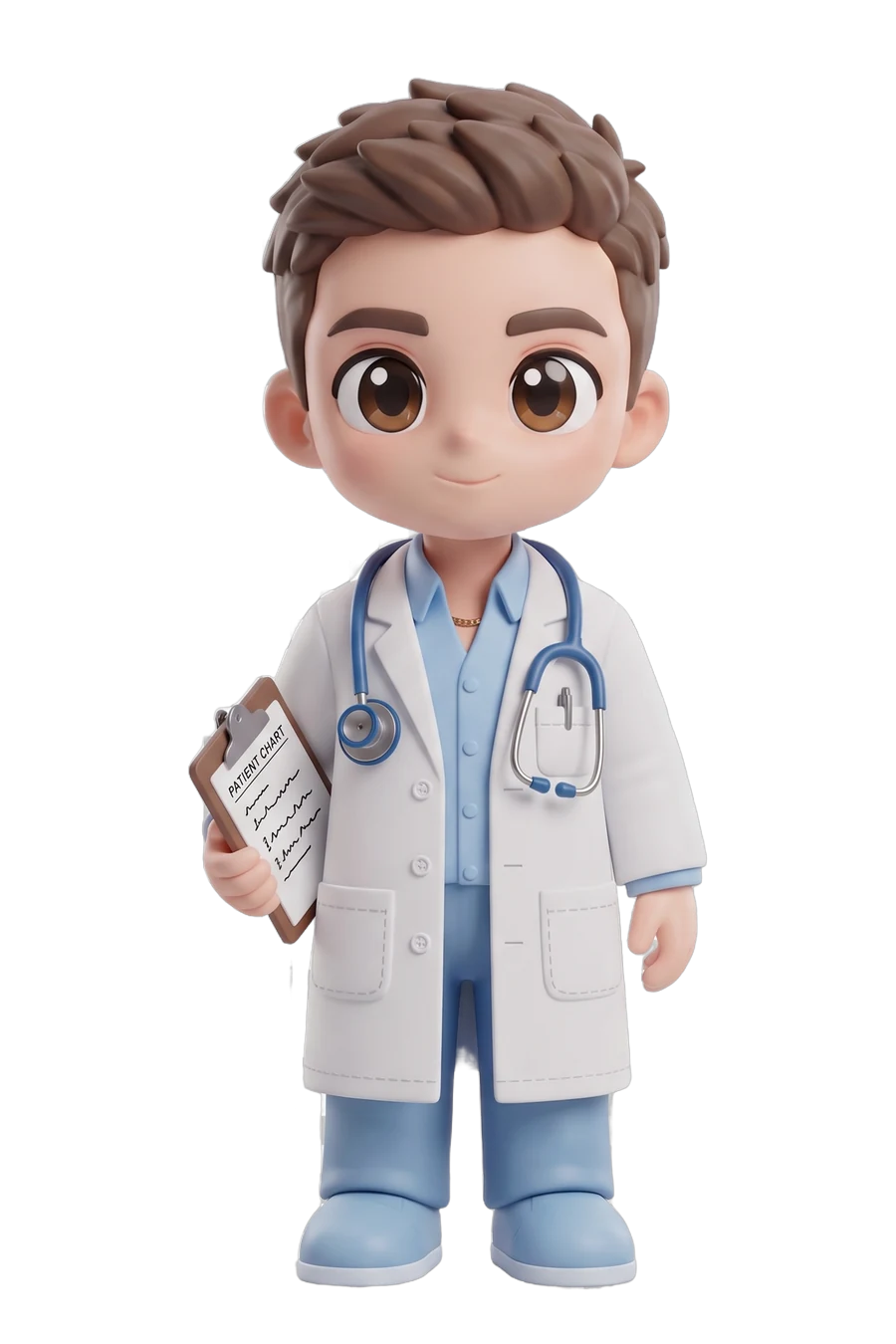 Chibi figurine of a doctor in a white coat, stethoscope and clipboard