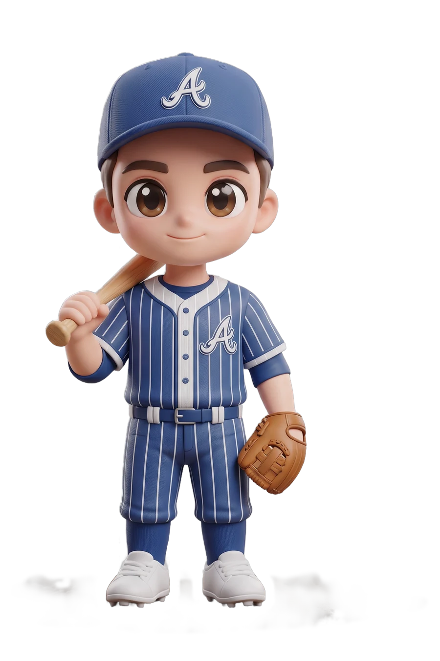 Figura chibi de un jugador de béisbol con uniforme de rayas, bate al hombro y guante