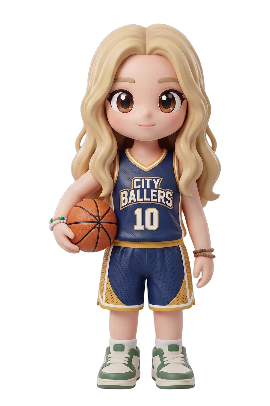 Figura chibi de una baloncestista con camiseta azul marino y el balón en la cadera