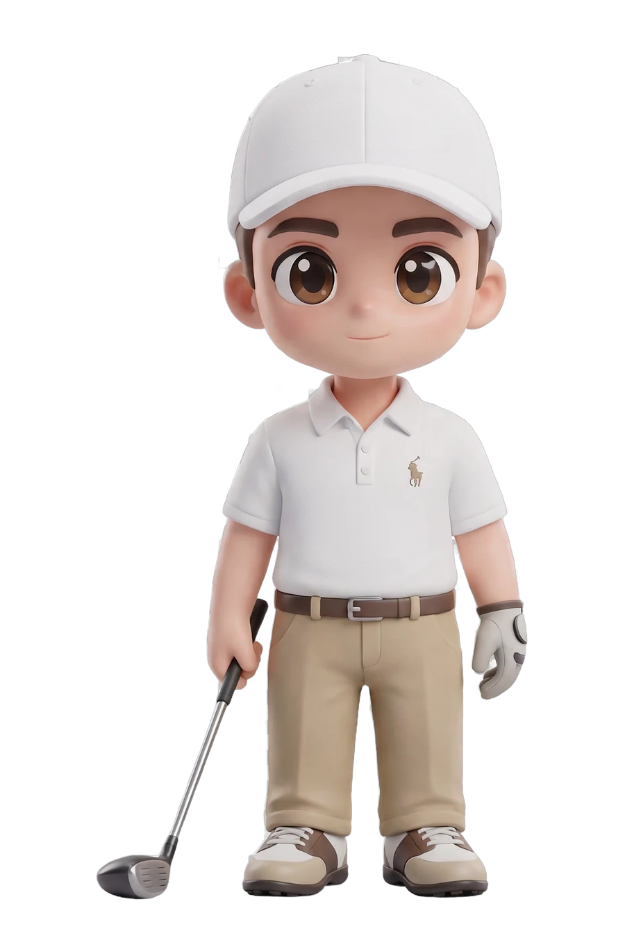 Figura chibi de un golfista con gorra y polo blancos, palo en la mano
