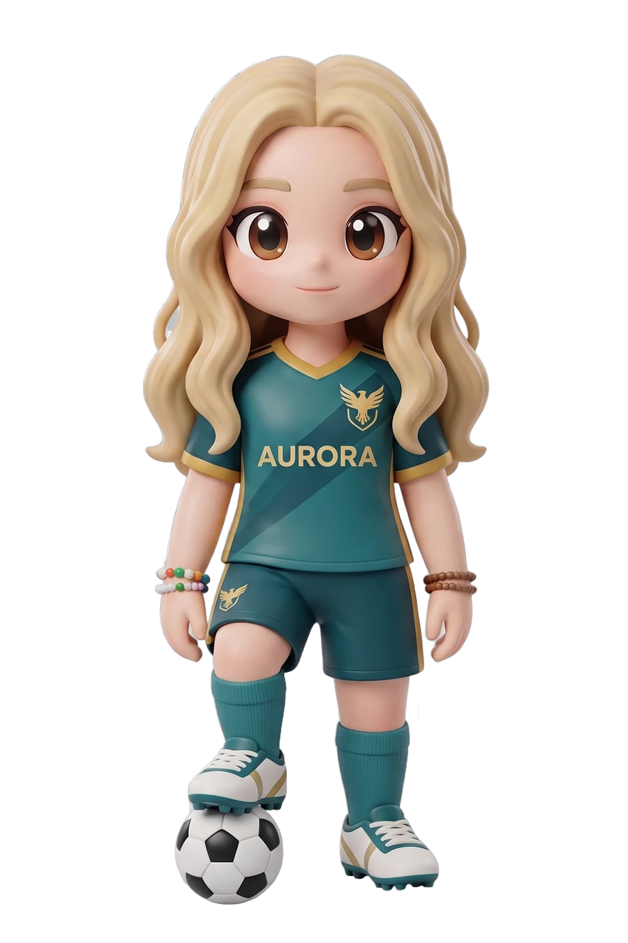 Figura chibi de una futbolista con equipación verde y un pie sobre el balón