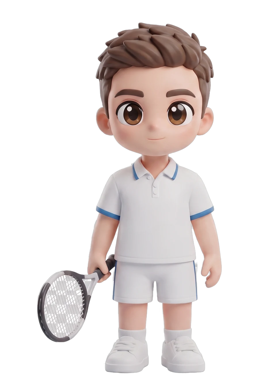 Figura chibi de un tenista de blanco, raqueta en la mano