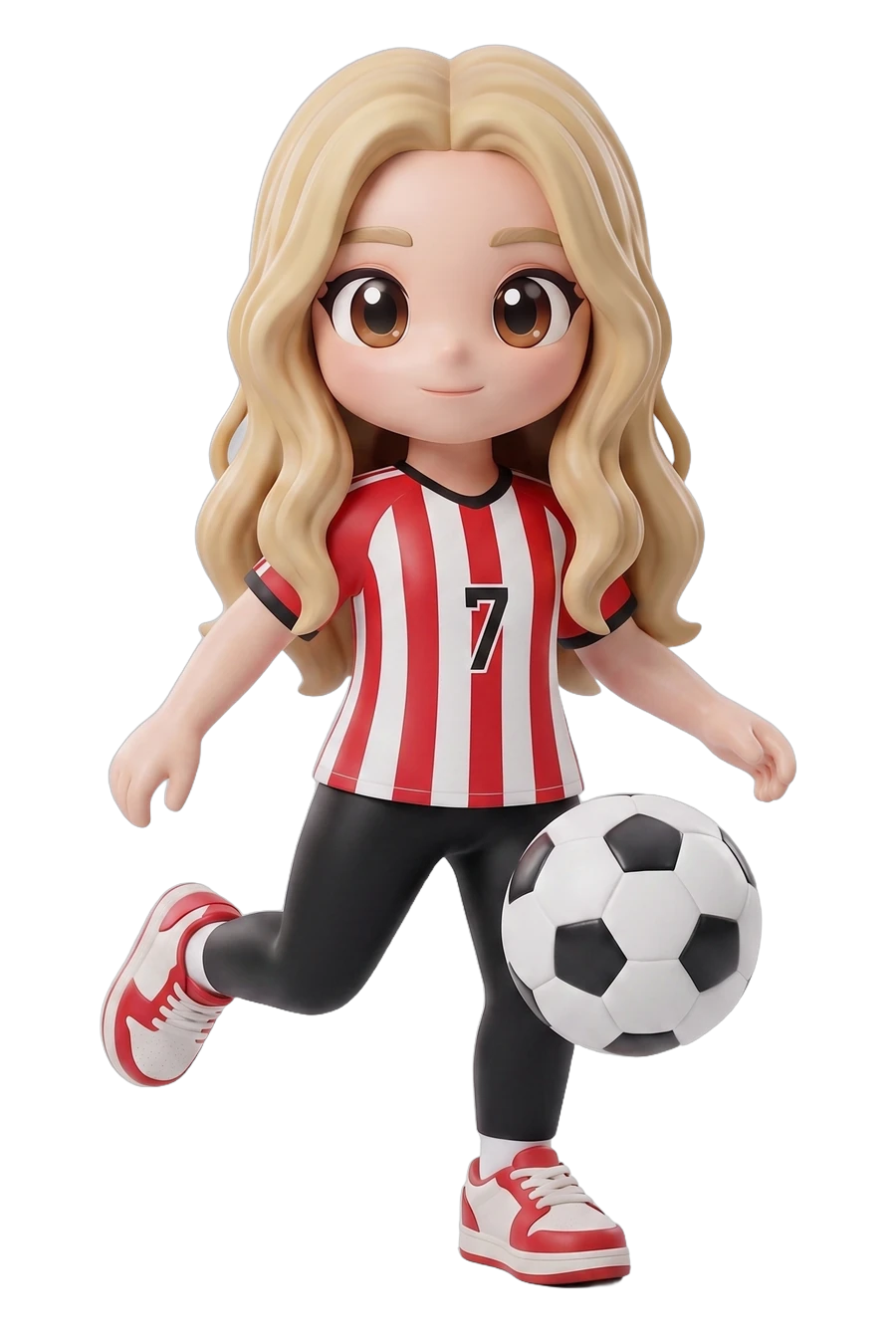 Chibi figurine of a woman soccer player in a red and white striped shirt, foot on the ball