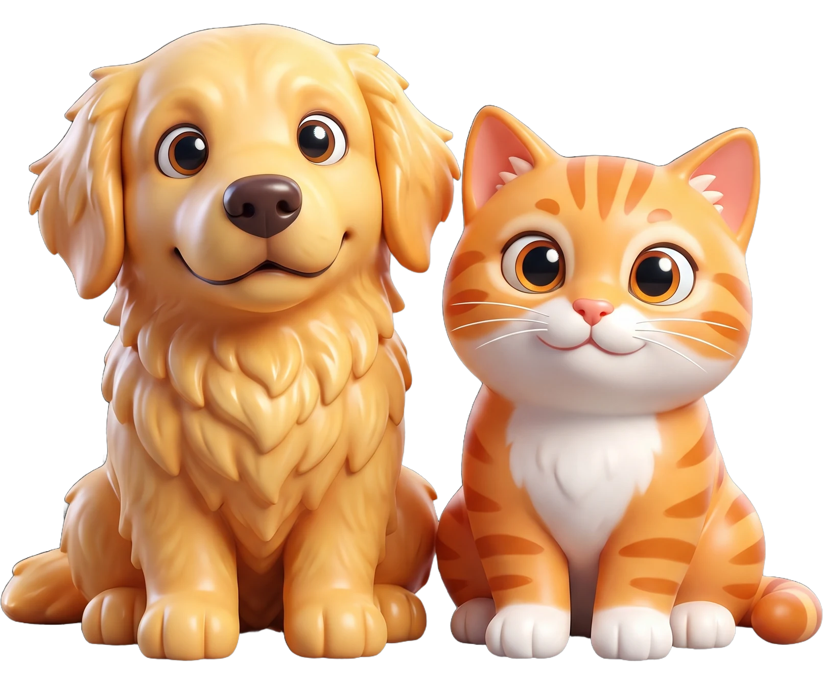 Chibi figurines of a dog and a ginger cat sitting side by side