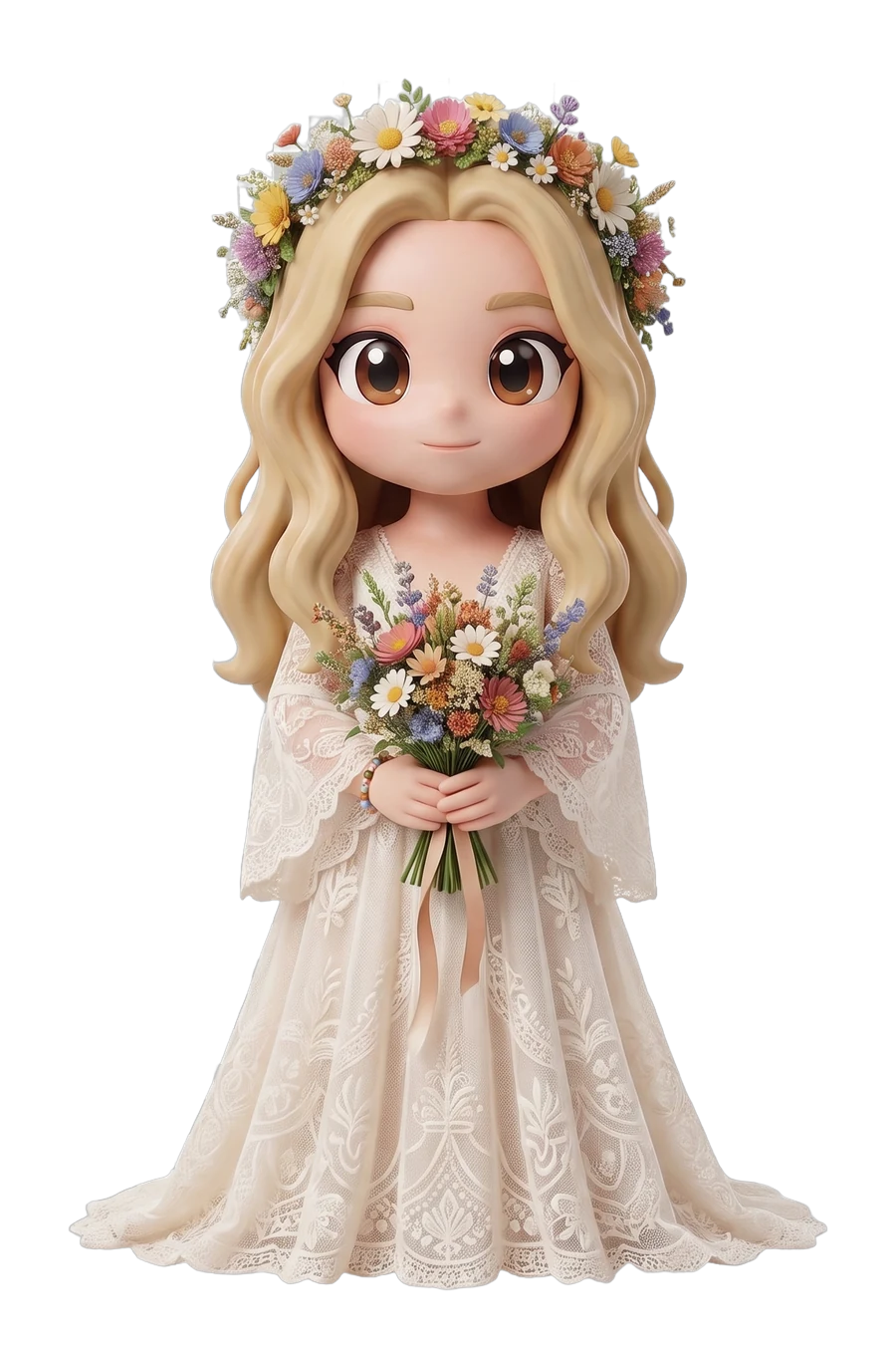 Chibi figurine of a bride in a lace dress and a wildflower crown