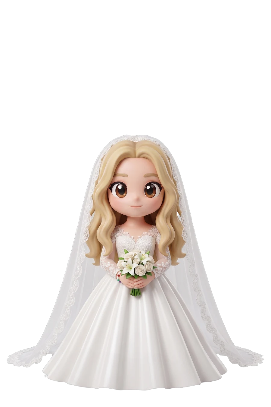 Chibi figurine of a bride in a lace gown and long veil, bouquet in hand