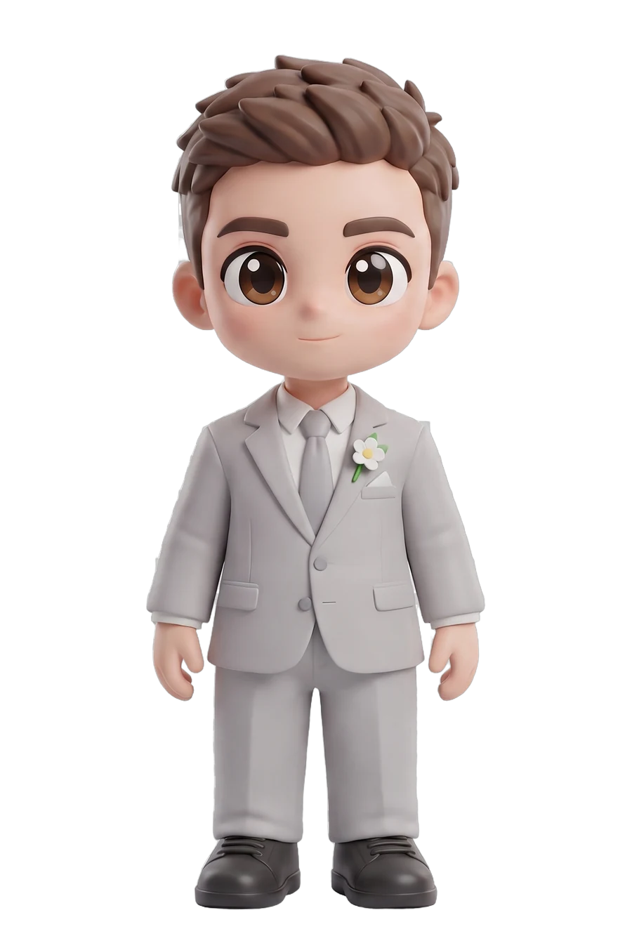 Chibi figurine of a groom in a light grey suit with a flower on the lapel