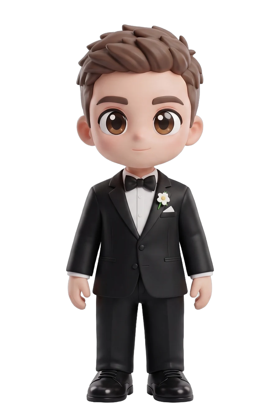 Chibi figurine of a groom in a black tuxedo and bow tie