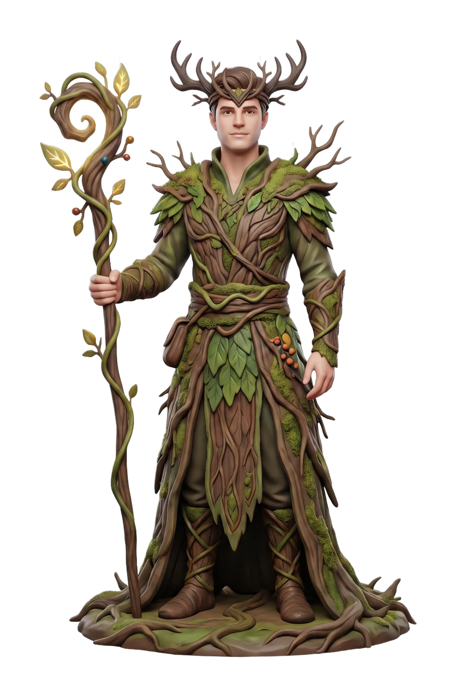 Figurine of a druid in bark and moss armour, antler crown and a vine staff