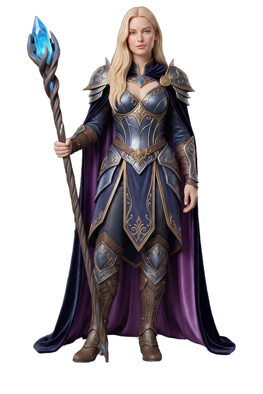 Figurine of a sorceress in armor and a purple cloak, holding a crystal staff