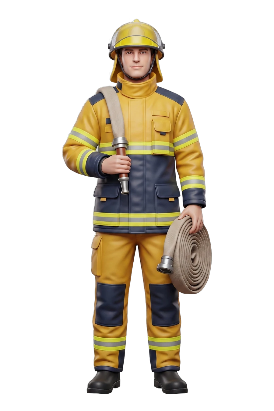 Figurine of a firefighter in turnout gear, hose over the shoulder