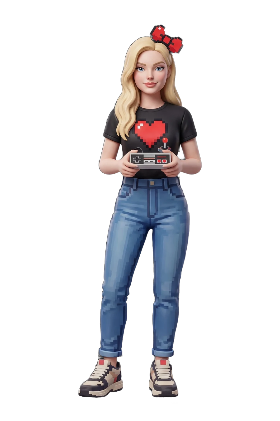 Figurine of a gamer in a heart-print tee, retro handheld in both hands