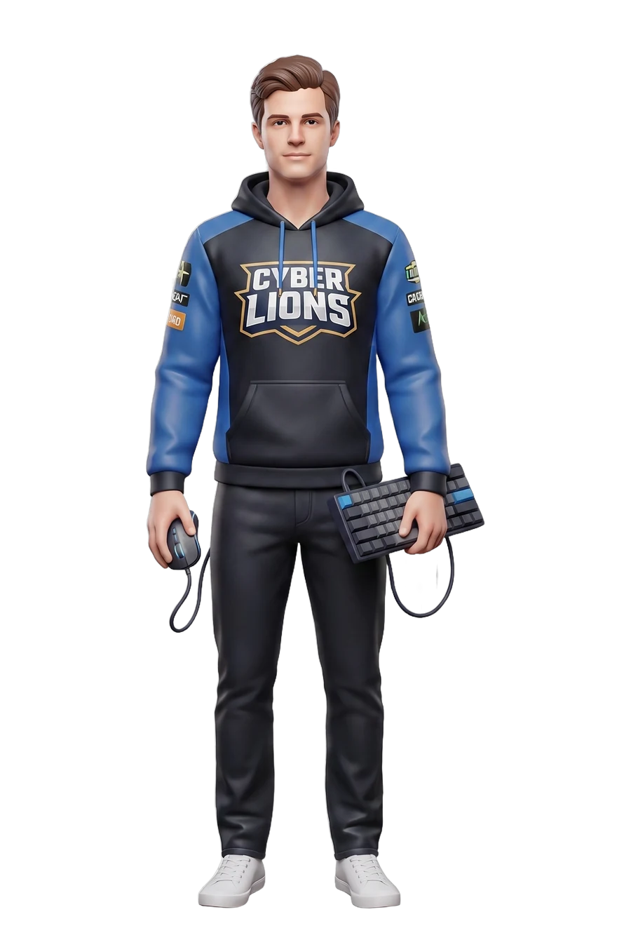 Figurine of an esports player in a team hoodie, keyboard under one arm