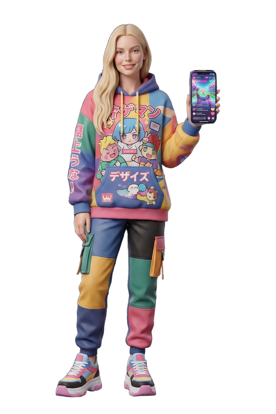 Figurine of a gamer in a bright print hoodie, phone raised in one hand