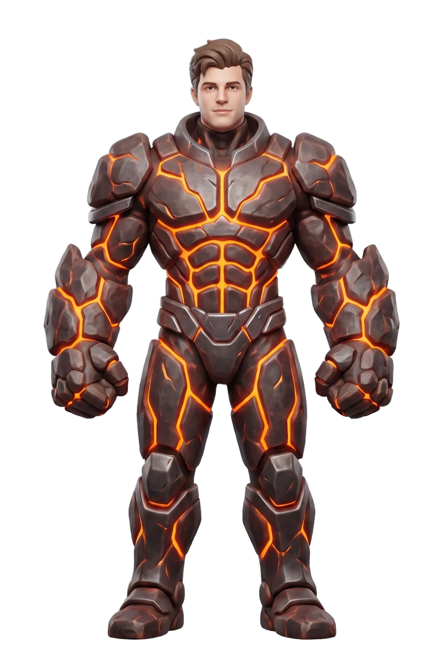 Figurine of a hero in heavy armour veined with molten orange