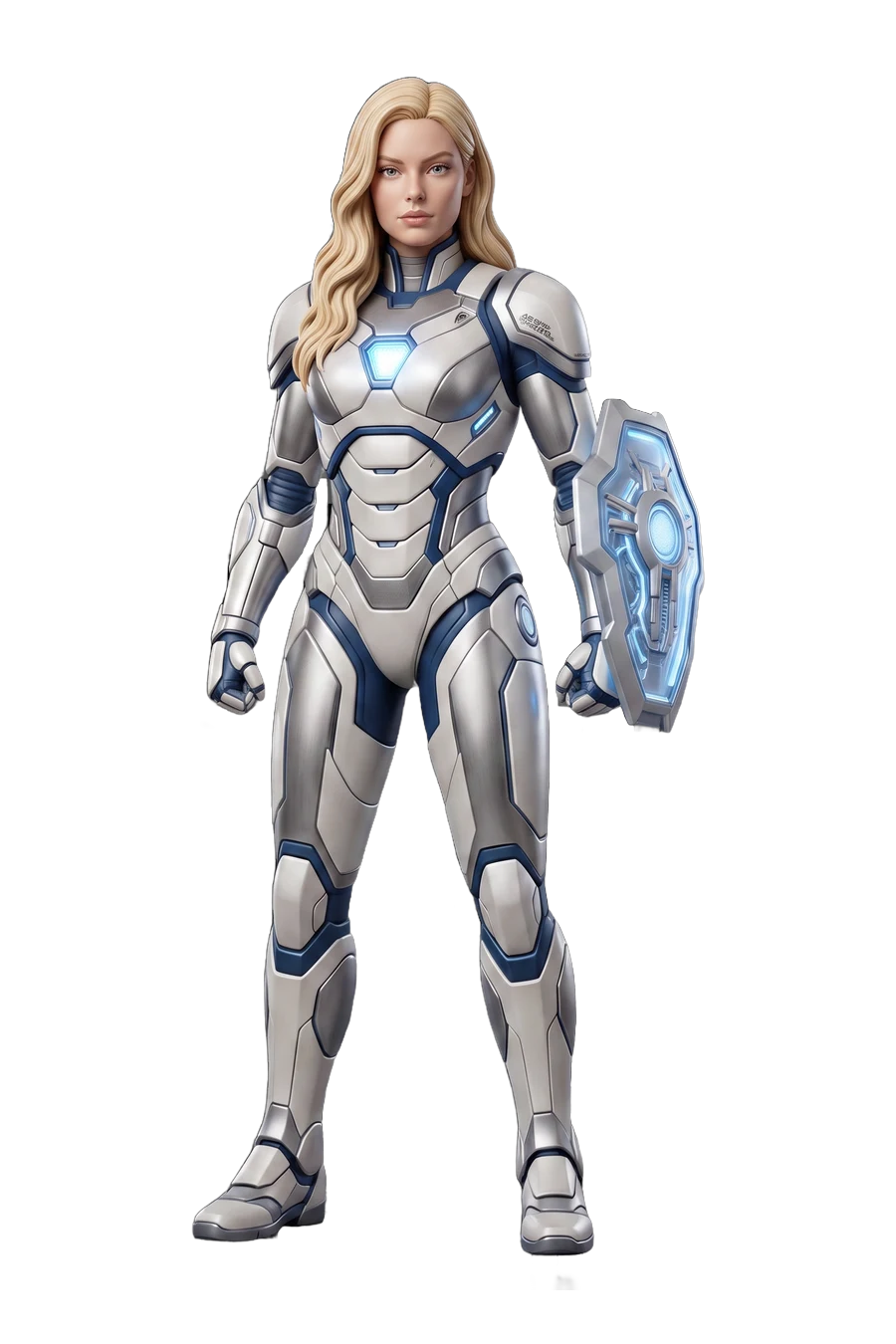 Figurine of a heroine in white and silver armour with a shield