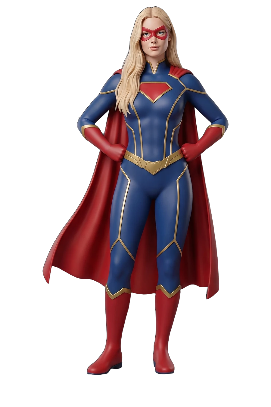 Figurine of a woman superhero in a blue and red suit, cape and mask