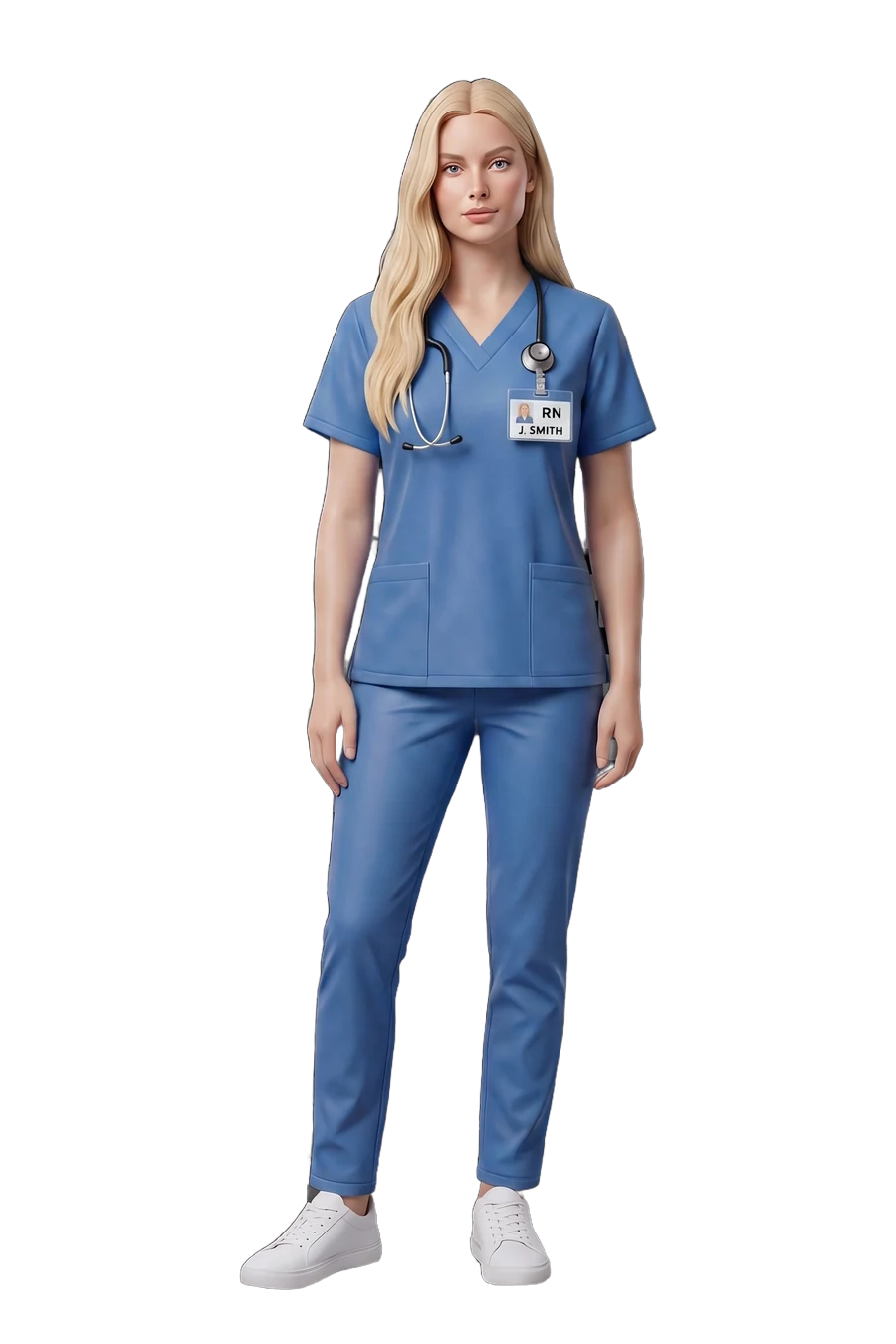 Figurine of a nurse in blue scrubs, stethoscope and name badge