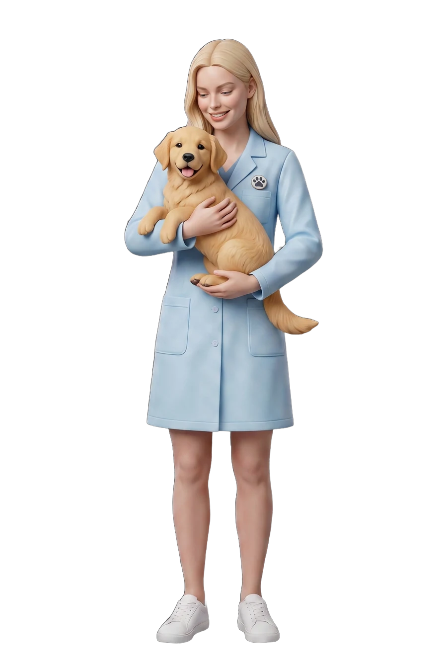 Figurine of a vet in a pale blue coat, holding a golden puppy