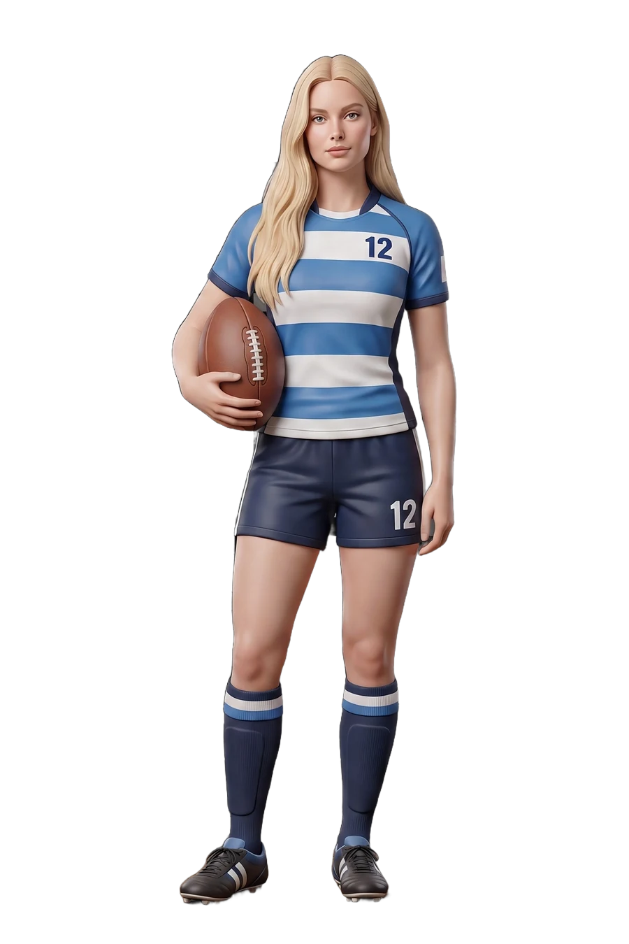 Figura de una jugadora de rugby con camiseta de rayas y el balón bajo el brazo