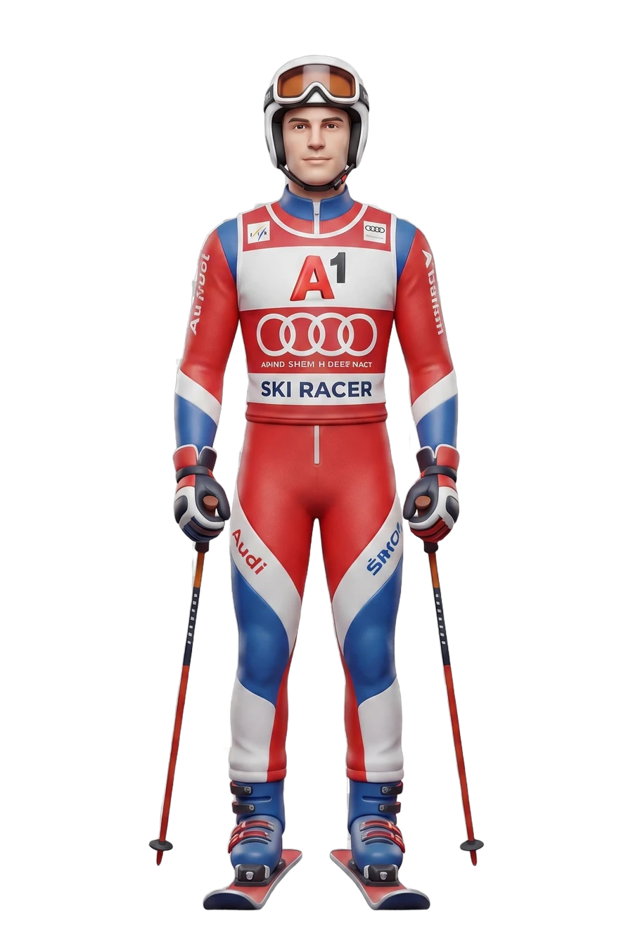 Figura de un esquiador de descenso con mono de carrera, casco, gafas y bastones