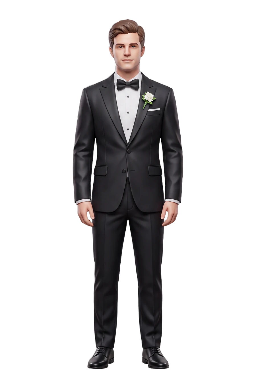 Figurine of a groom in a black tuxedo and bow tie, flower at the lapel