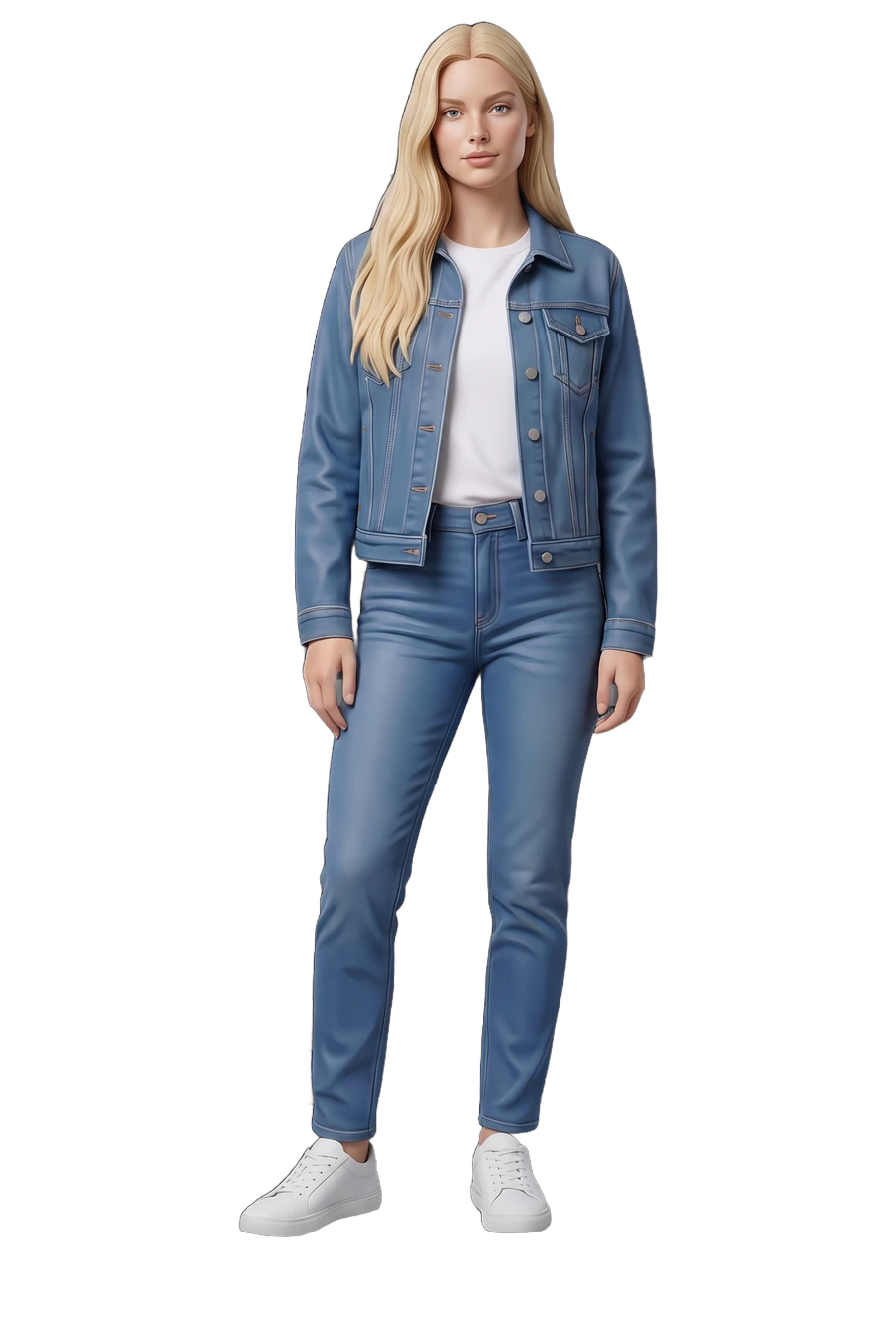 Figurine of a woman in a denim jacket and jeans