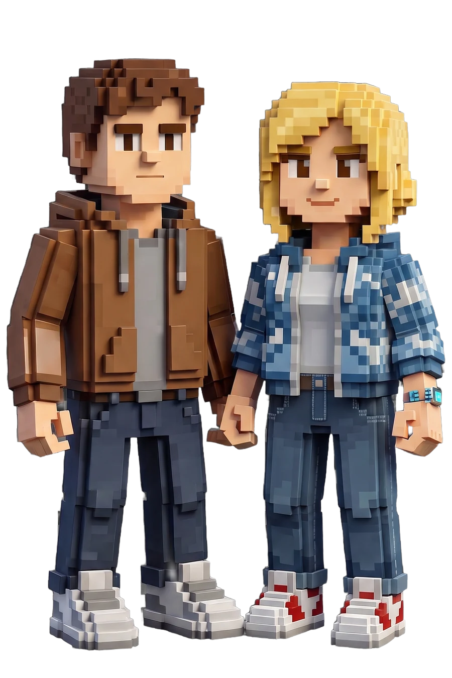 Voxel figurines of a couple side by side, on two separate bases