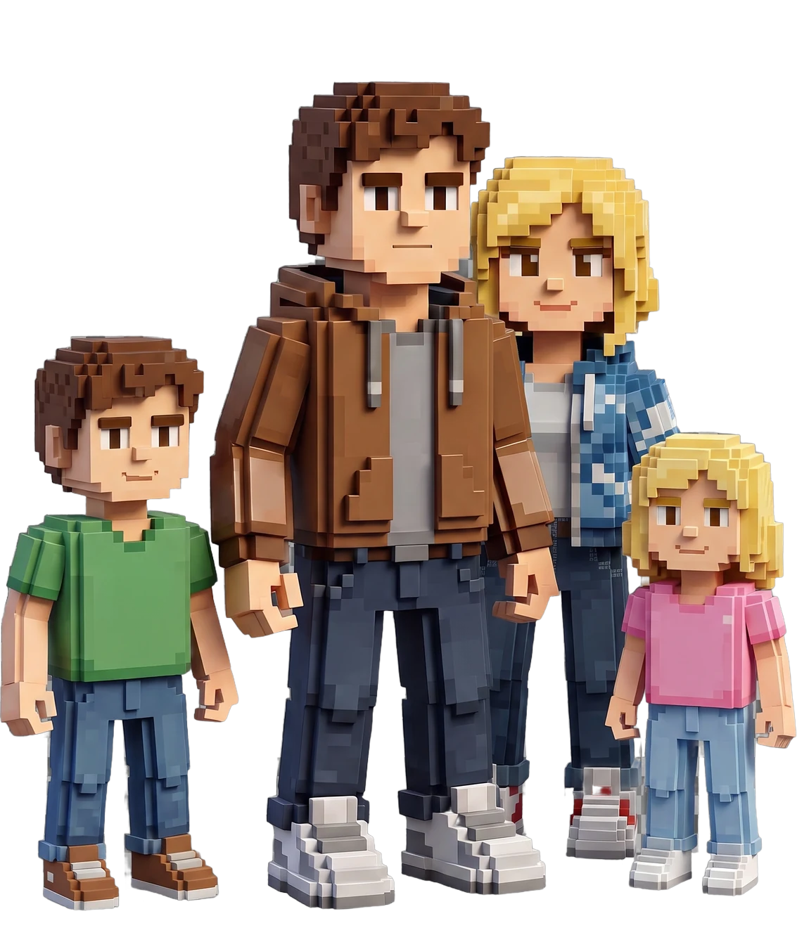 Voxel figurine of a family of four, two parents and two children, on one shared base