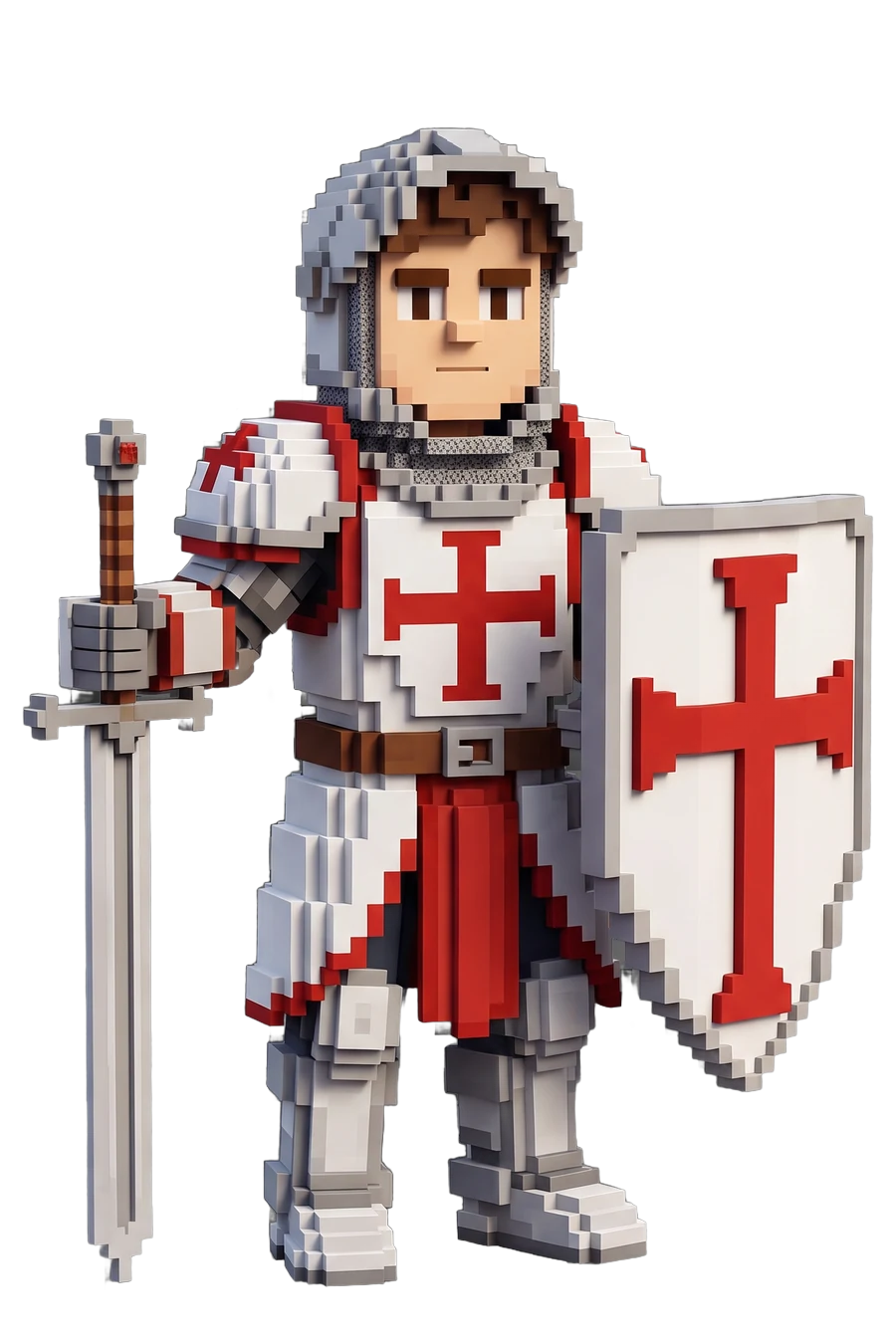 Voxel figurine of a knight in white and red crusader armour, sword and shield