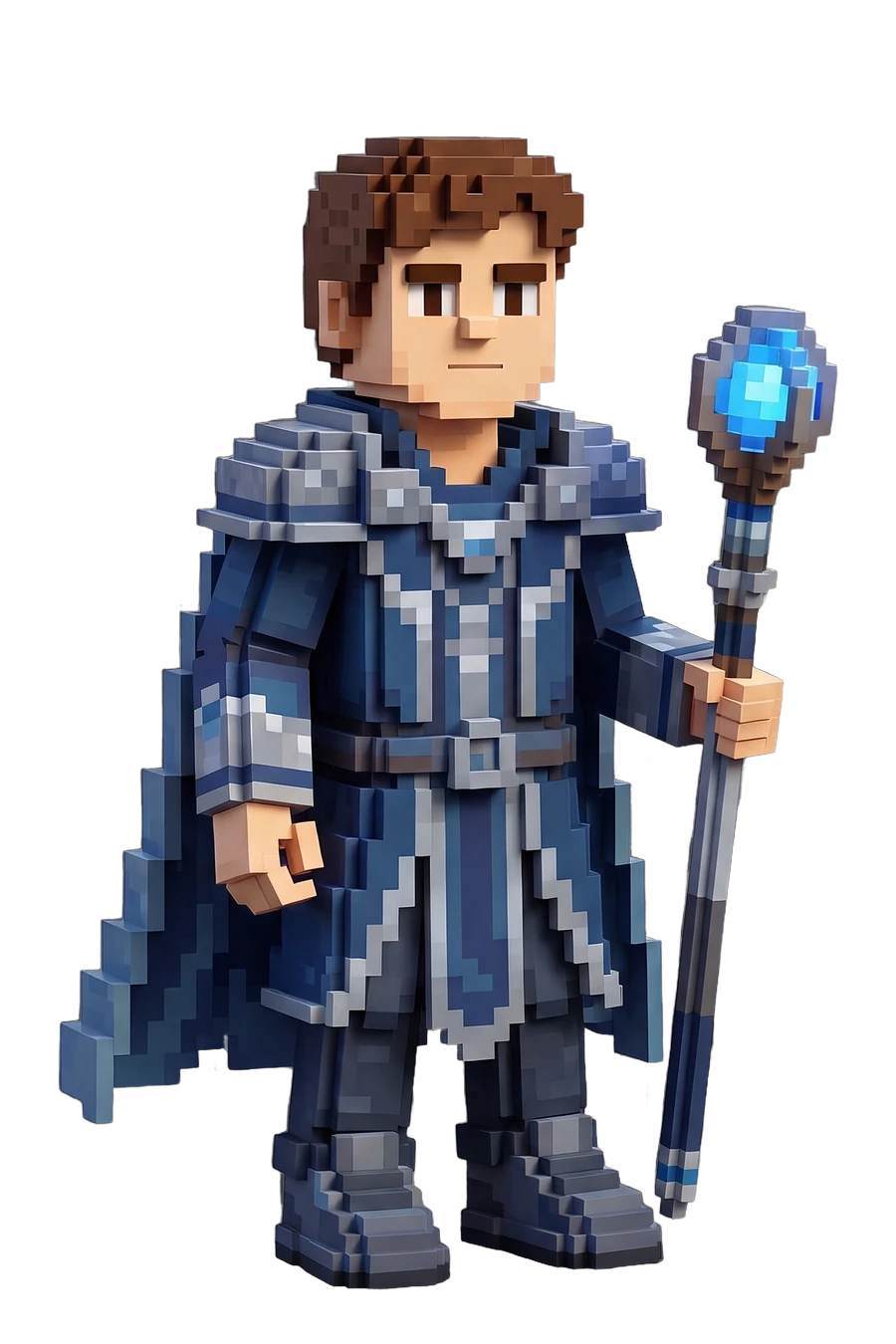 Voxel figurine of a mage in a blue robe, holding a crystal staff