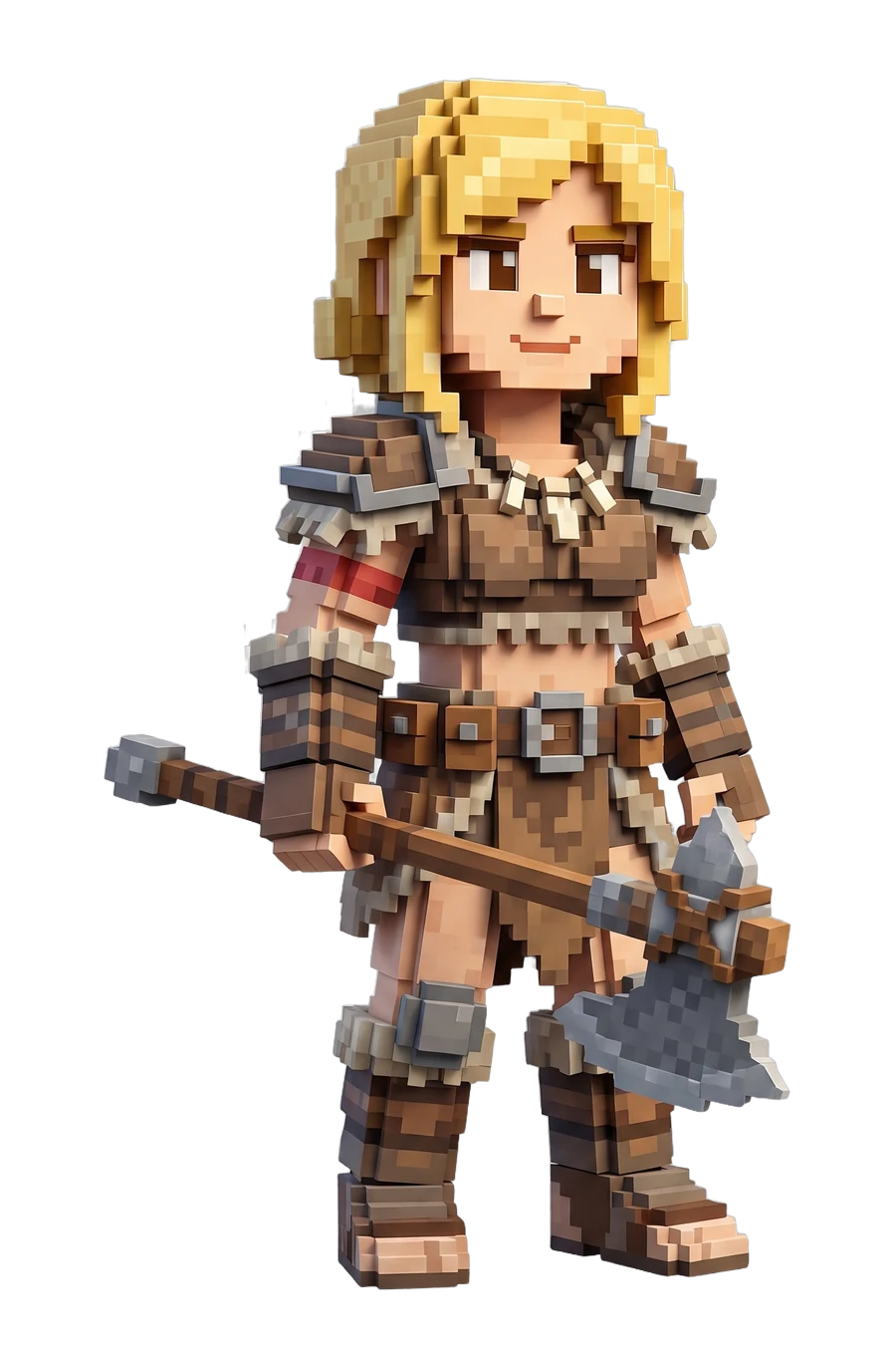 Voxel figurine of a shield maiden in leather and fur, an axe in each hand