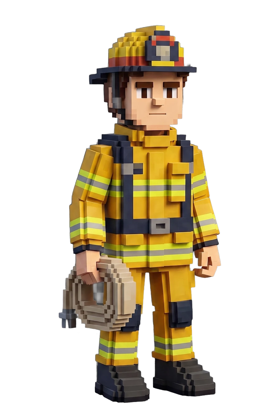 Voxel figurine of a firefighter in turnout gear, hose in hand