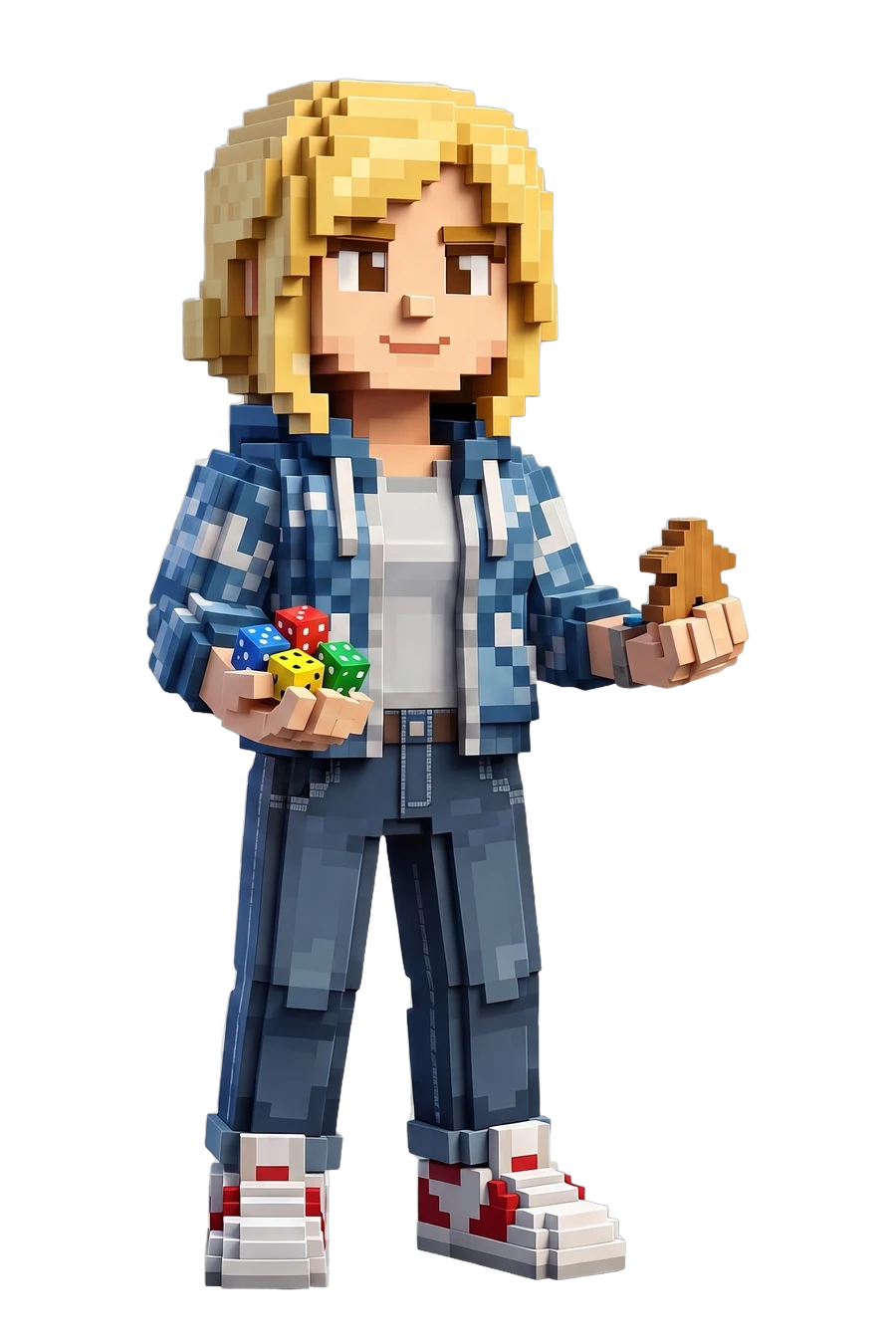 Voxel figurine of a gamer in a denim jacket, building blocks in both hands